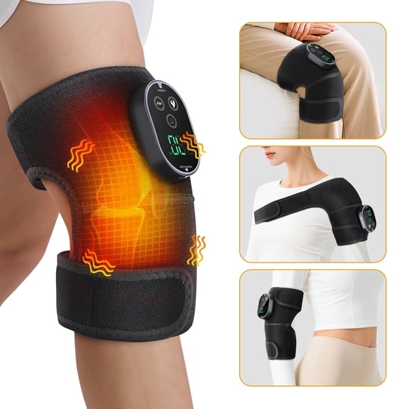 Cordless Heated Knee Massager, Heated Knee Brace Wrap, Heating Shoulder Brace Wrap for Knee Elbow, 3 in 1 Heating Pad with 6 Heating Levels, 3 Massage & Timer Modes, 2 Extension Straps, Black