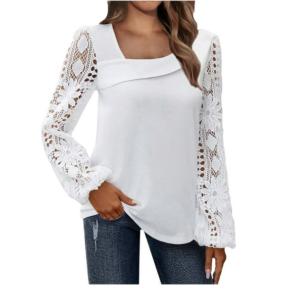Besolor Long Sleeve Shirts for Women Lace Hollow out Tops Asymmetrical Neck Spring Fall Tunics Casual Loose Blouses