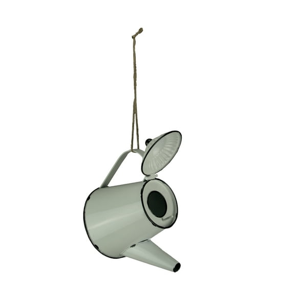 De Leon White Enamel Metal Rustic Tea Kettle Decorative Hanging Birdhouse