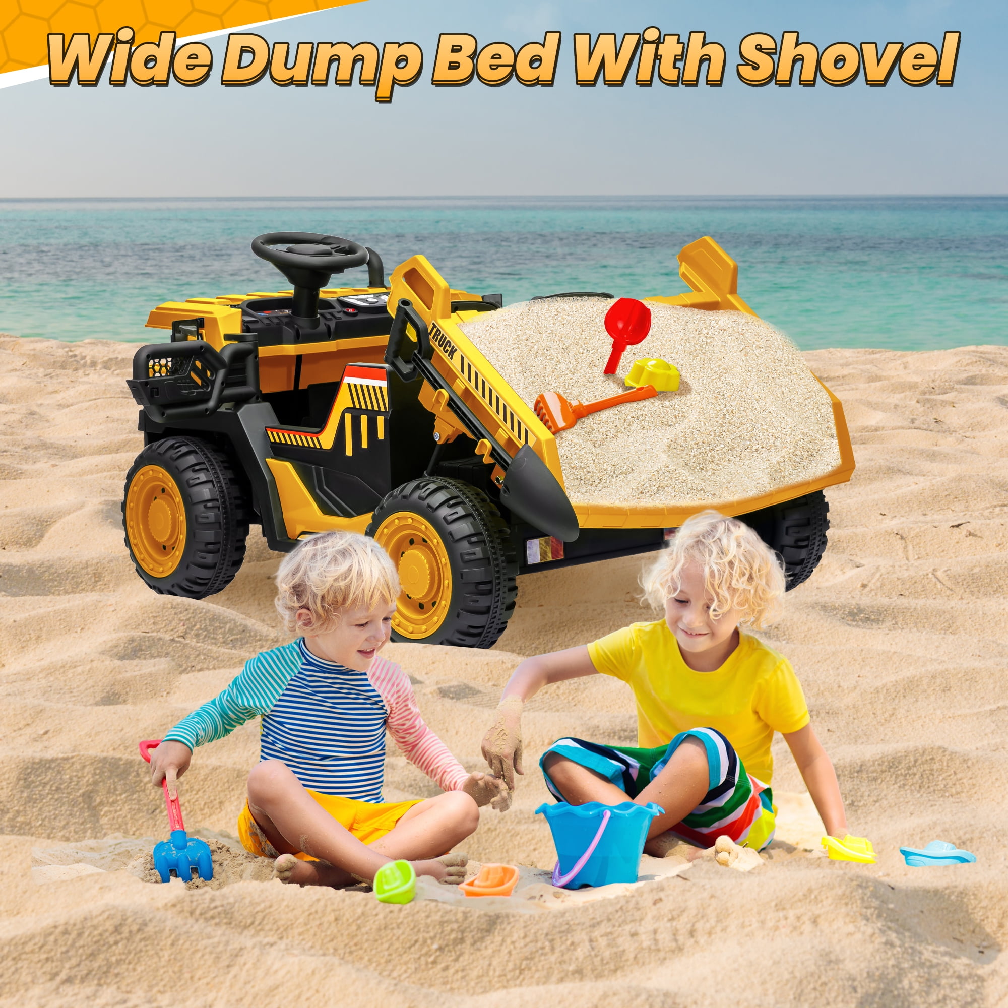 Funride 24V Ride on Toys 2 Seater Ride on Dump Truck w/ Remote Control w/ Dump Bed, 3 Speeds, Shovel, Bluetooth/Music, Big Kids, Yellow