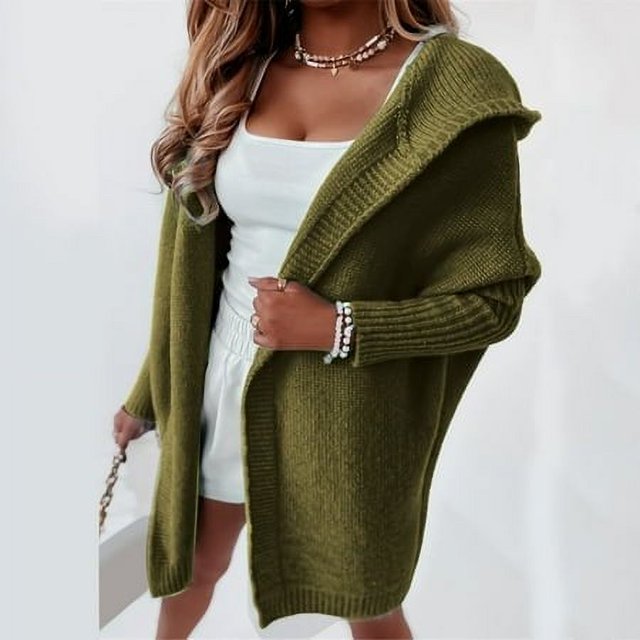 MKLEKYY Cute Sweaters for Teens Women Solid Color Hooded Patchwork Batwing Sleeve Open Sweater Knitted Cardigan