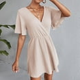 thumbnail image 2 of Women Dress Short Sleeve Solid Color V Neck High Waist A Line Summer Short Dress, 2 of 9