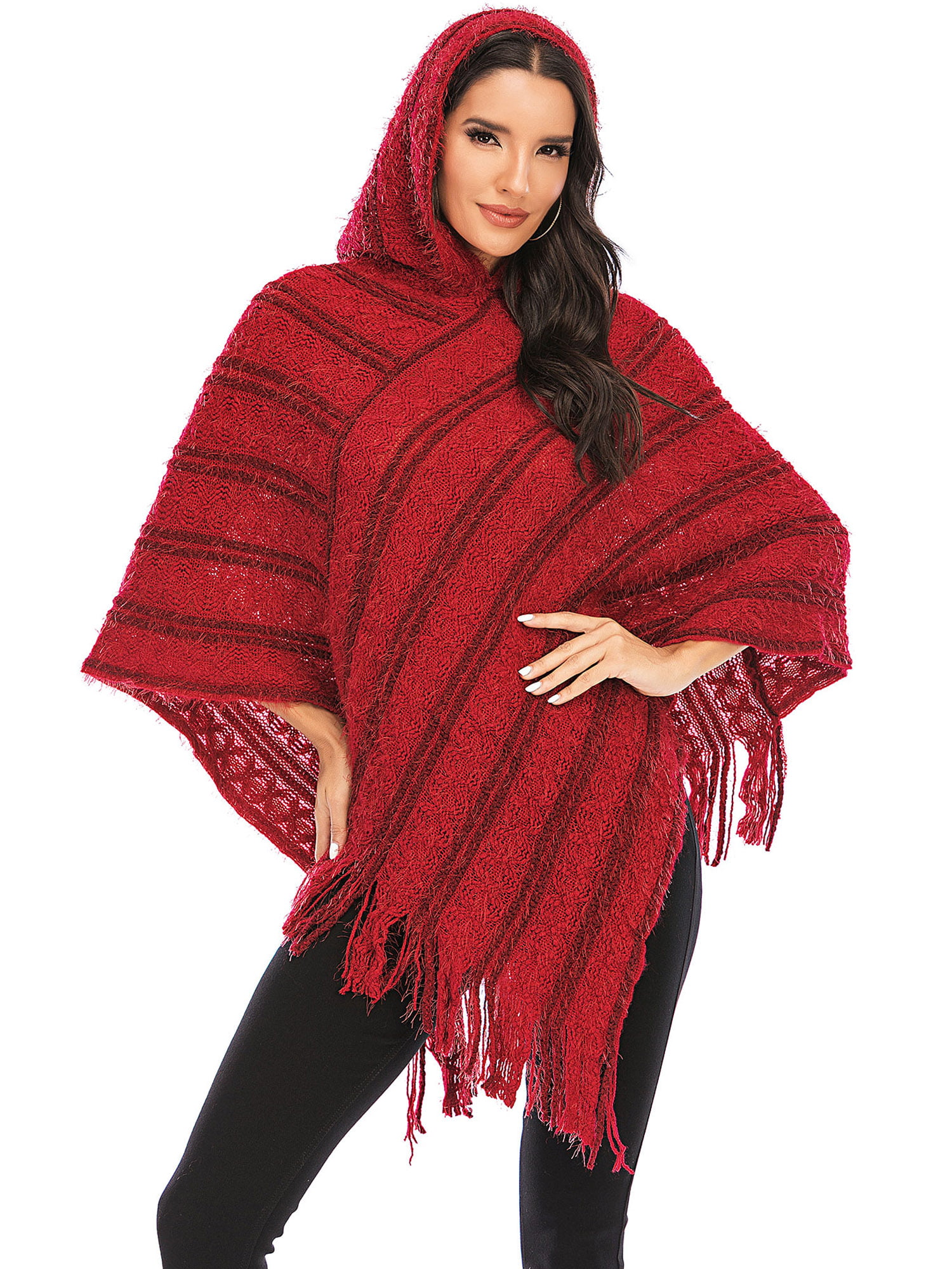 Women Diamond Check Knitted Cape Poncho Shawl Caped Ladies Scarf Winter Cardigan 