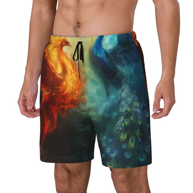 Disketp Red And Blue Fire Peacock for Men's Double Layer Sports Swim Trunks,Stretchy Swim Trunks,Perfect for Swimming, Beach & Sports Activities-Small