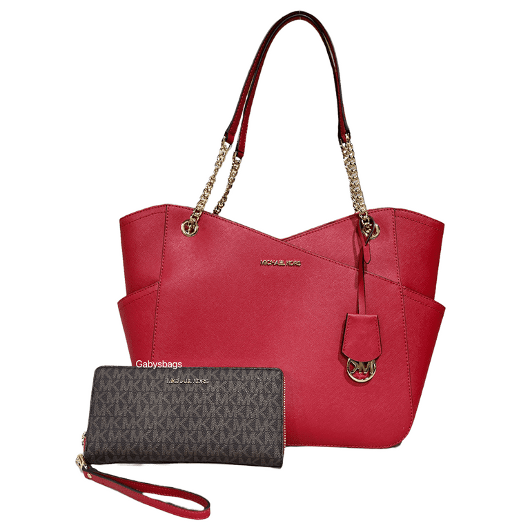 Michael Kors Jet Set Travel Large Female Chain Shoulder Tote Flame Red  Saffiano Leather 
