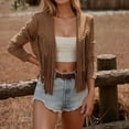 thumbnail image 2 of Arlun Women's Vintage Western Fringe Rivets Cropped Jackets Suede Tassel Trim Long Sleeve Hippie Cardigan Coats Fashion Open Front Slim Fitted Solid Color Outwear Brown XL, 2 of 6