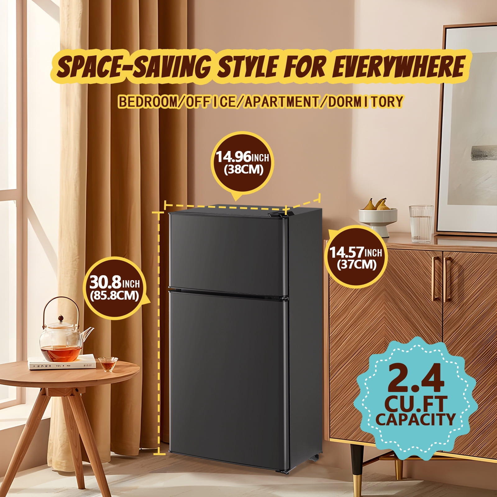 TACOOL 2.2Cu.Ft Small Refrigerator with Freezer, Mini Fridge with Top Freezer for Apartment, Bedroom, Double Door, Dark Grey