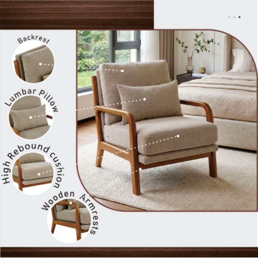 Wooden Lounge Chair, Modern Upholstered Accent Chair with Solid Wood Armrests, High-Density Foam Cushion, Reclined Backrest for Living Room, Bedroom & Office, Camel