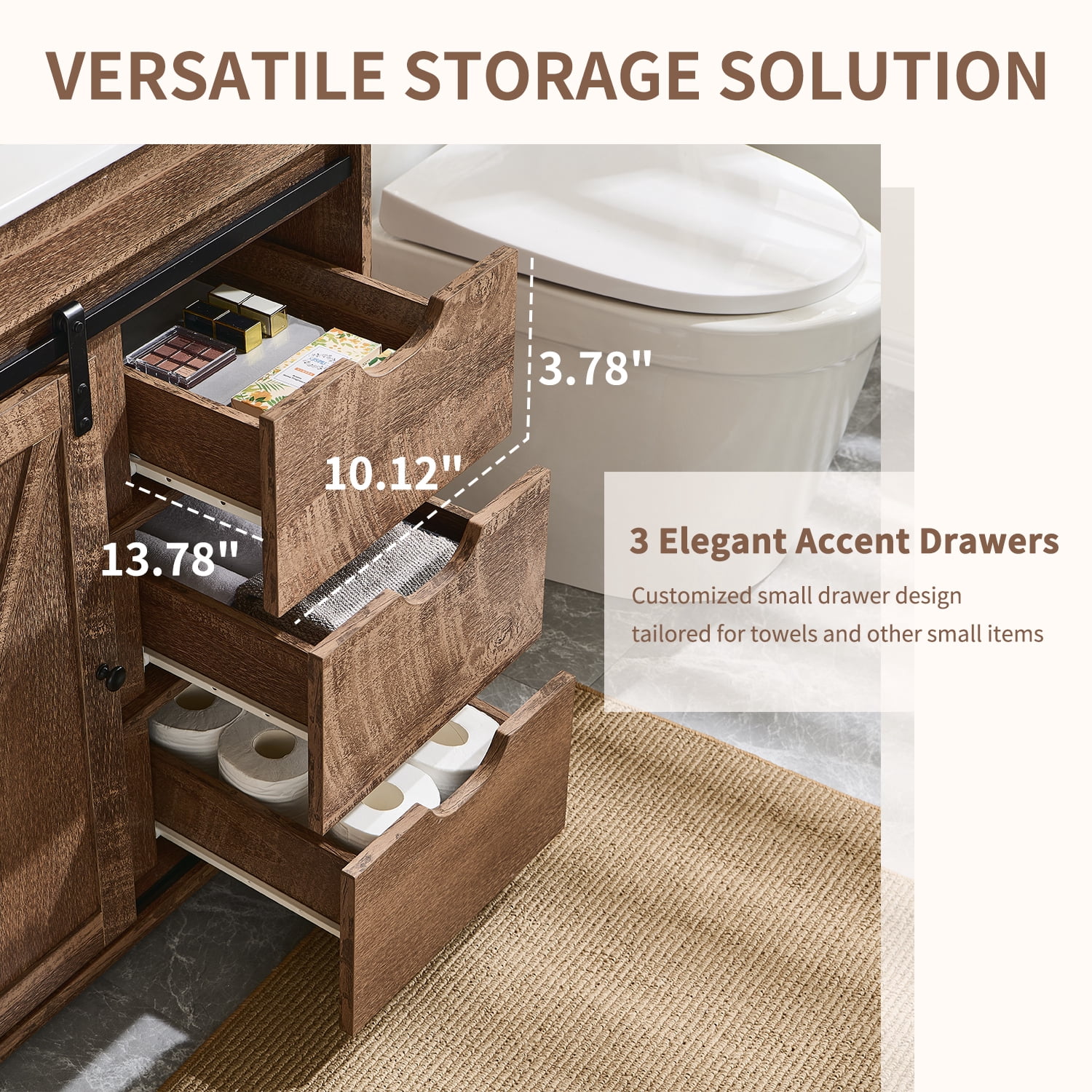 wow97e Farmhouse Bathroom Vanity with Sink, 24" Freestanding Bathroom Vanity Cabinet with Sliding Barn Door, 3 Storage Drawers & Adjustable Shelves