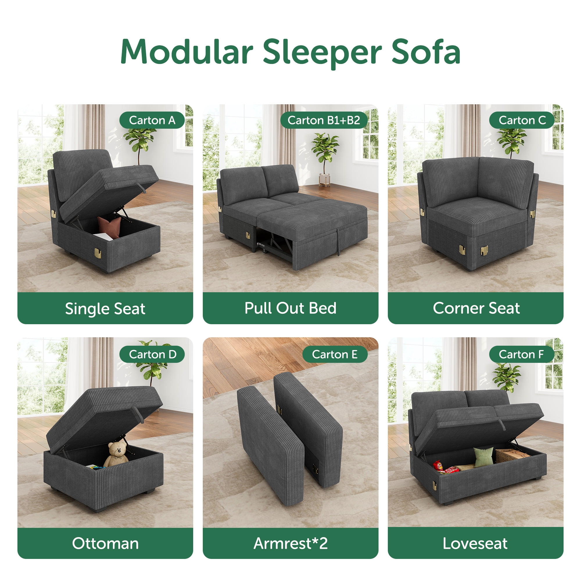HONBAY Pull-Out Bed Module for Modular Sectional Sleeper Sofa, Corduroy Gray