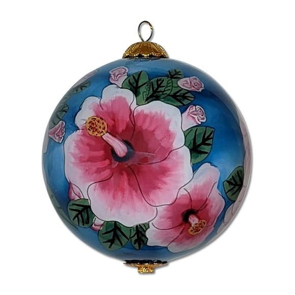 Pink Hibiscus Flower Christmas Ornament Hand Painted from Inside with Decorative Gift Box Collectible