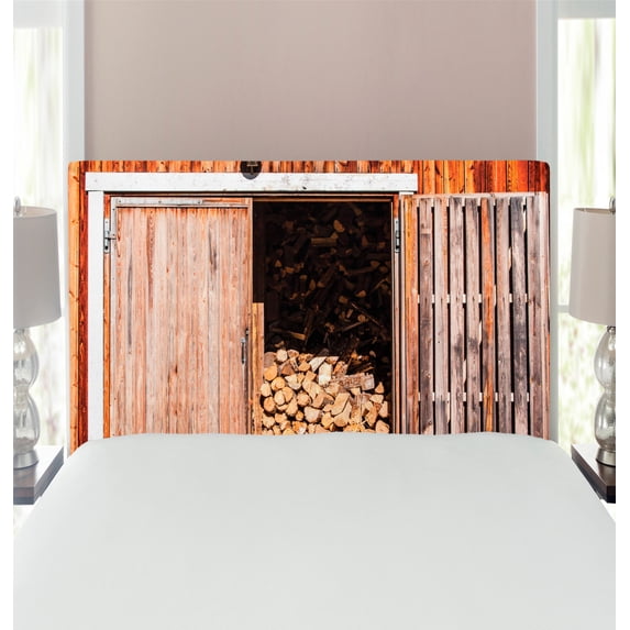 Rustic Headboard, Weathered Barn Firewood Countryside Village Storage Garden Rural Life Concept, Upholstered Decorative Metal Bed Headboard with Memory Foam, Twin Size, Orange Brown, by Ambesonne