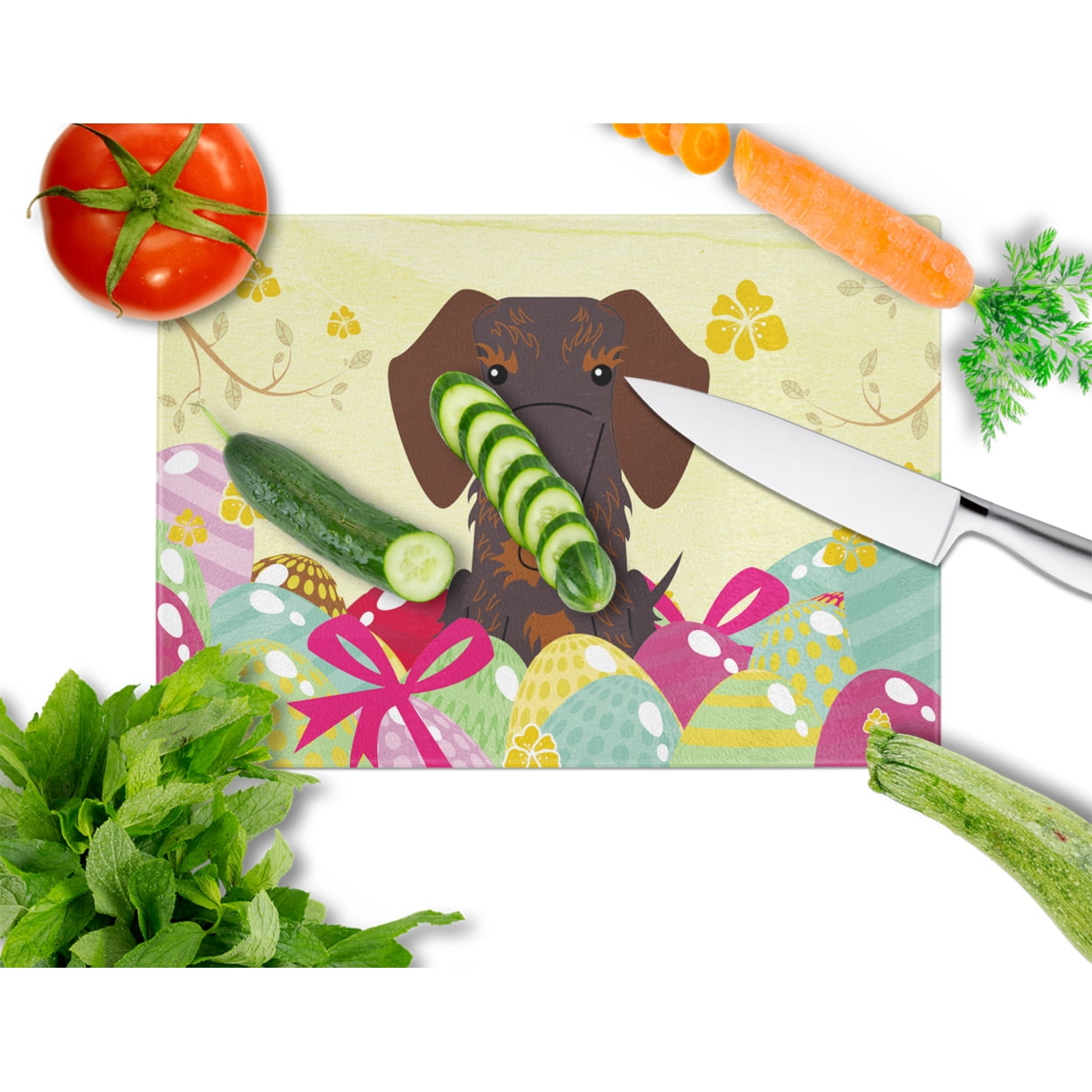 Caroline's Treasures BB6129LCB Easter Eggs Wire Haired Dachshund Chocolate Glass Cutting Board Large, 12H x 16W,