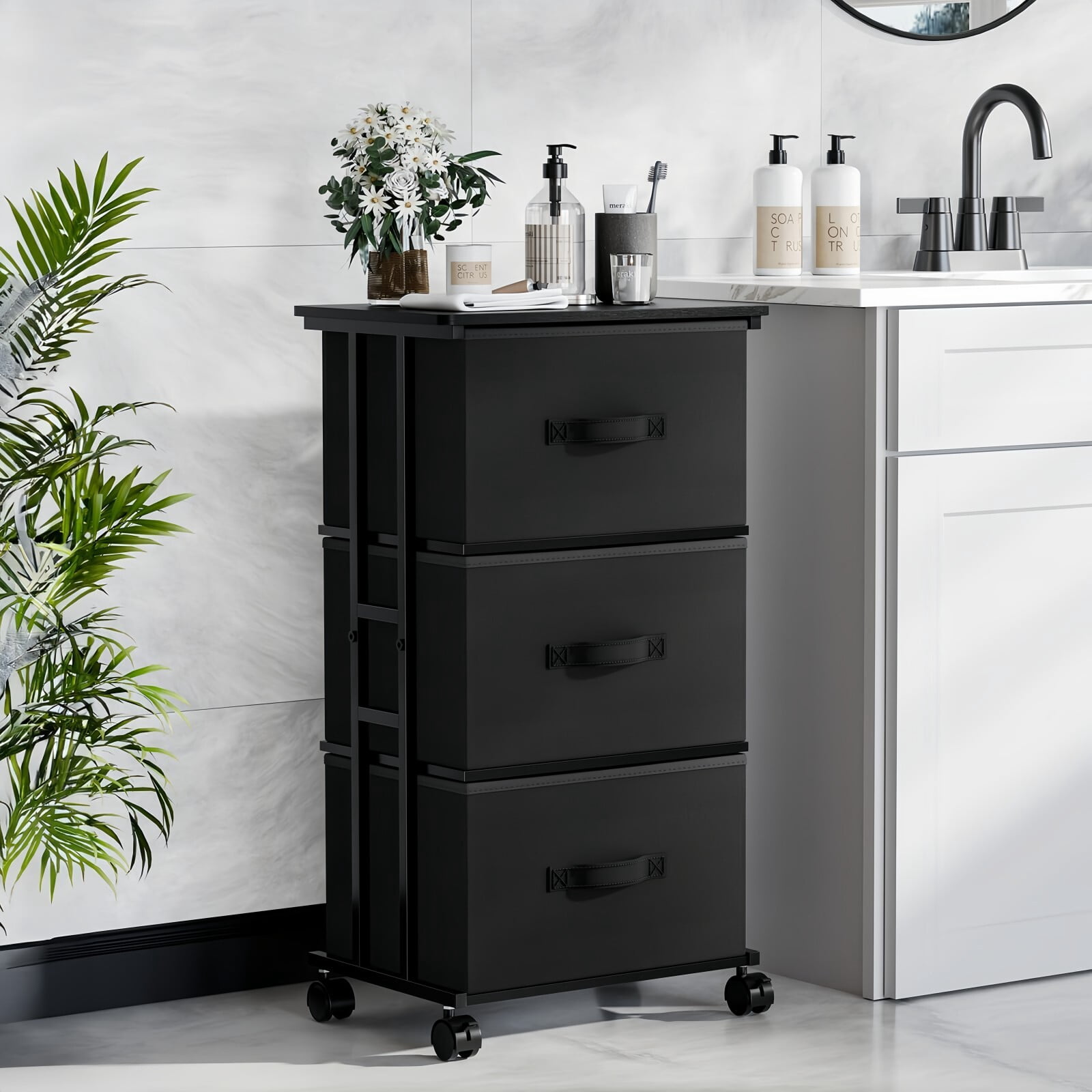 Kelno 3 Drawers Rolling Fabric Dresser Mobile Nightstand Storage Cabinet with Wheels, Black