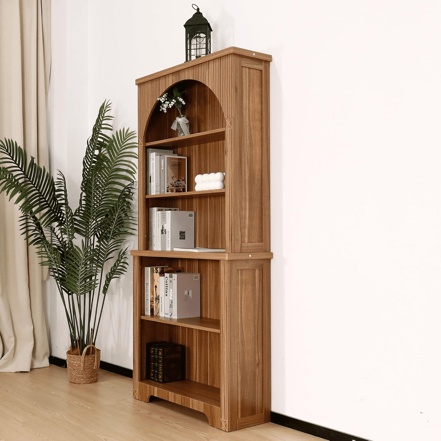 LEFHDA 71" Tall Bookshelf, 5-Tier Bookshelf, Farmhouse Arched Bookcase, Open Display Storage Shelf Adjustable Bookshelf for Home Office, Living Room(Walunt)