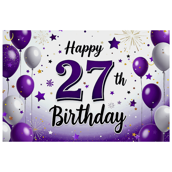 Purple Themed 27th Birthday Banner with Balloons Stars and Confetti Background Party Supplies Photography Props Birthday Decoration Birthday Party Decorations