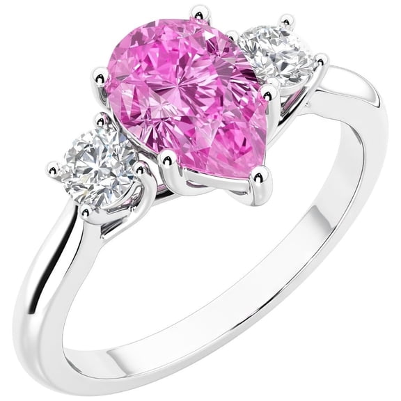 PEORA 14K White Gold Pear Shape Created Pink Sapphire and Lab Grown Diamond 3 Stone Trellis Ring, 2 Carats total, Size 9