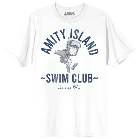 Jaws Franchise Amity Island Swim Club Shark Boy on White Adult Crew Neck Short Sleeve T-shirt - 3XL