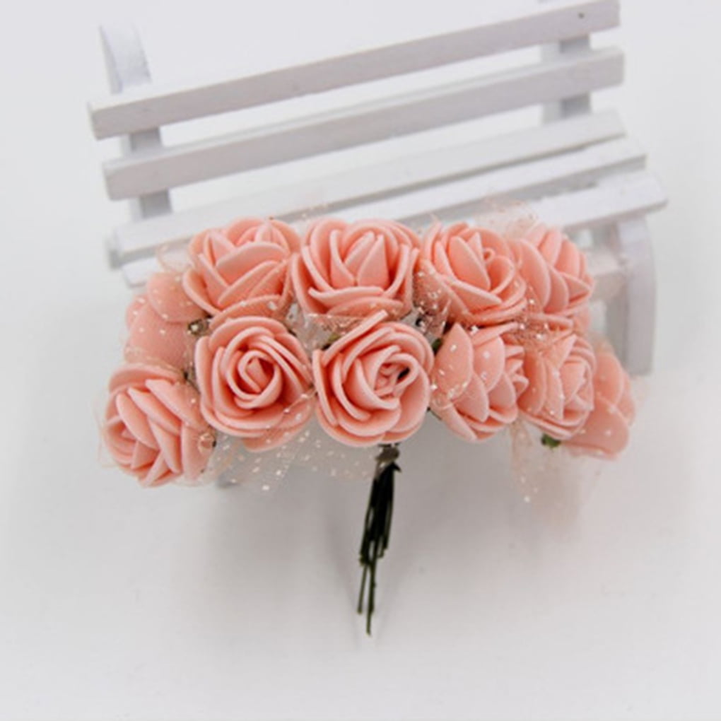 12 x  Baby Pink Wired Stem Foam Artificial Mini Roses Heads Craft Flowers 2.5cm