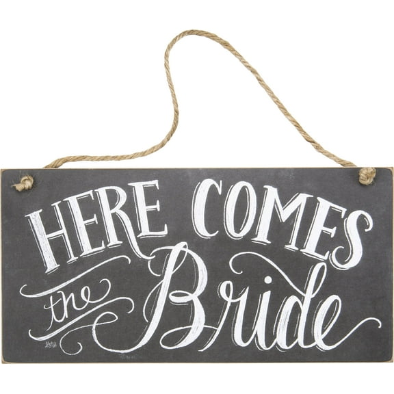 Primitives by Kathy Chalk Art Wedding Hanging Sign, 12 x 6-Inches, Here Comes The Bride