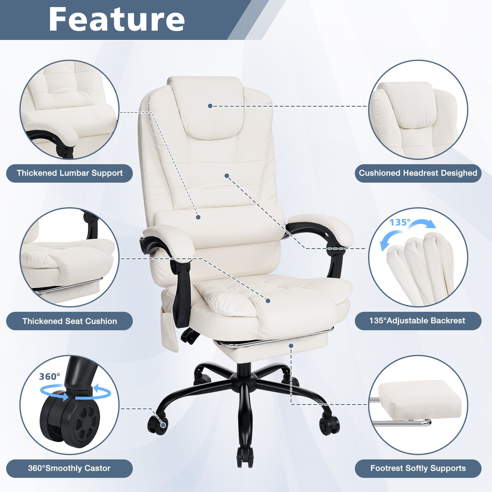 Hoffree Executive Office Chair Massage and Footrest Ergonomic Computer Desk Chair Reclining High Back Leather Office Chair Lumbar Back Support Swivel Rolling for Home Office Beige