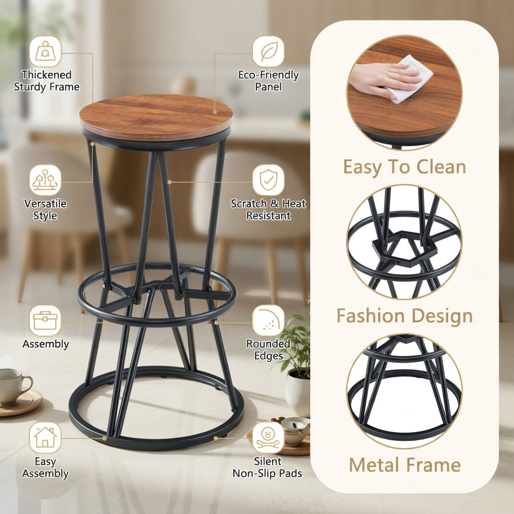 Hommoo 3-Piece Industrial Bar Set, 31.5" Wood Grain MDF Round Bar Table + 2 Metal Bar Stools for Kitchen Island, Small Apartment, Breakfast Nook, Walnut & Black