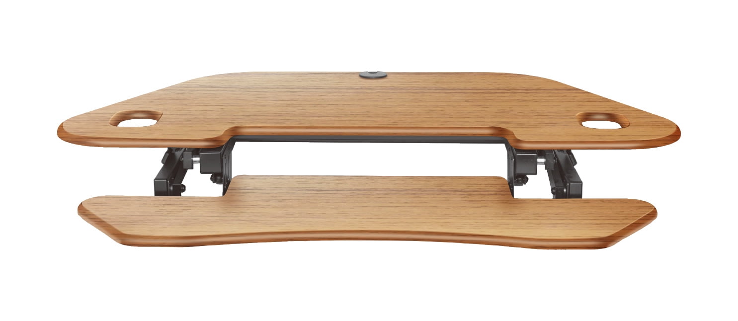 Rocelco 46" Large Height Adjustable Corner Standing Desk Converter, Quick Sit Stand Up Dual Monitor Riser, Gas Spring Assist Computer Workstation, Wide Keyboard Tray, Teak Wood Grain (R CADRT-46)