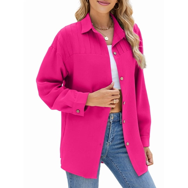 Camisas de Larga con Botones para Mujer, Blusas de Trabajo de Gran Tamaño con Cuello y Hombros Caídos, Blusa Holgada con Textura Rosa Roja XL