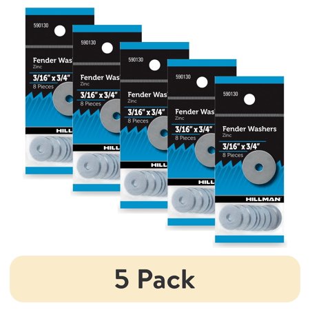 (5 pack) Hillman Fender Washers, 3/16" x 3/4", Steel, Zinc Finish, Silver, 8 pack