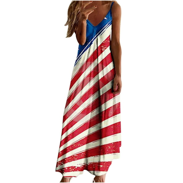 Vestidos Para Mujer Maxi Dress Slip Dress Independence Day Trendy Sling Cintura Media Cuello en V Sin Mangas Estampado de Rayas Vestido Largo de Playa Delgado Odeerbi ODB167928