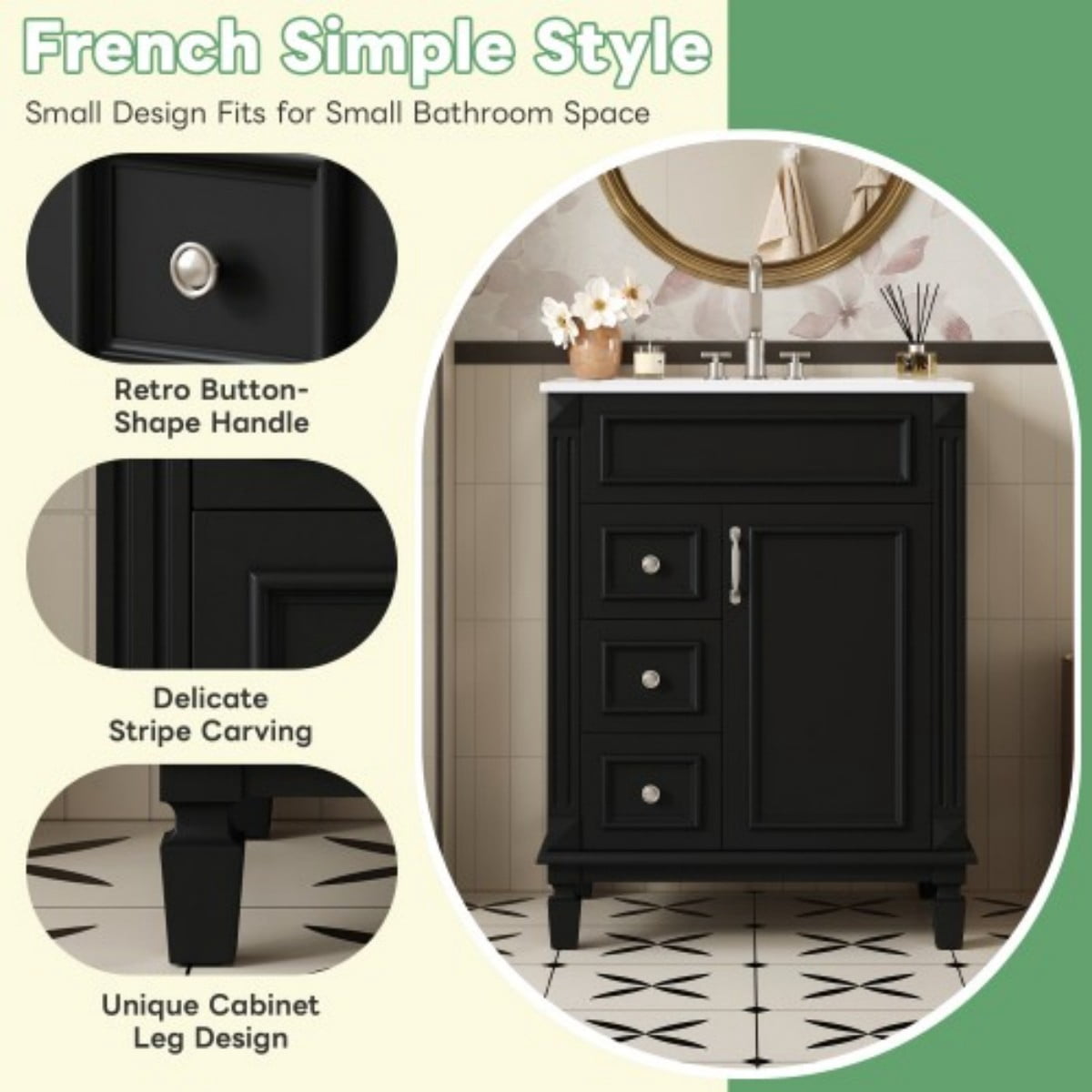 24" Bathroom Vanity with Ceramic Sink, Small Bathroom Vanity Cabinet with 2 Drawers, Adjustable Shelf, Soft-Close Door, Black