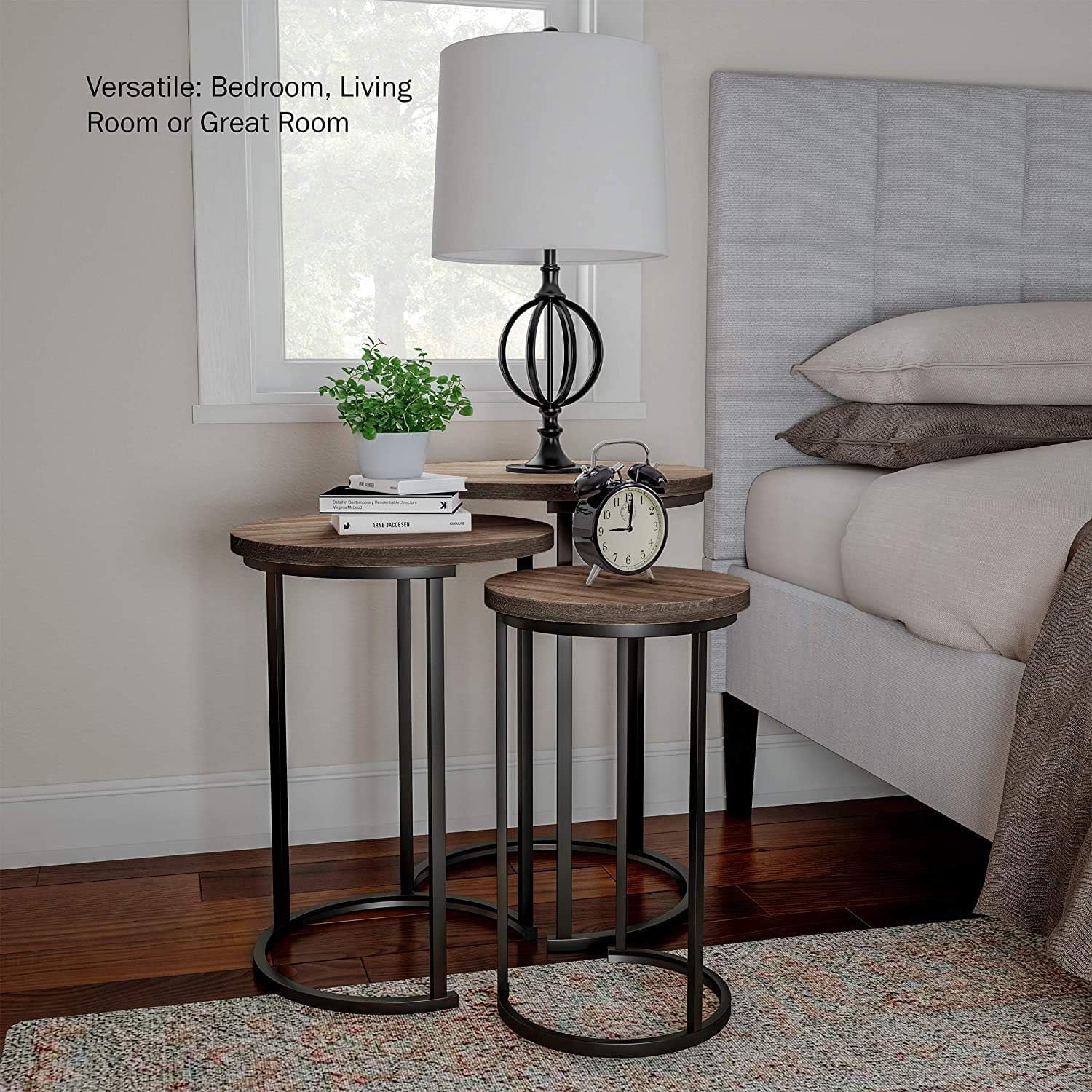 HYGRAD BUILT TO SURVIVE Set of 3 Round Wooden/Steel Nesting Side Stacking Sofa Side Coffee Tables, Small Space Coffee Tea Table for Hallway Living Room Bedroom, Home, Office