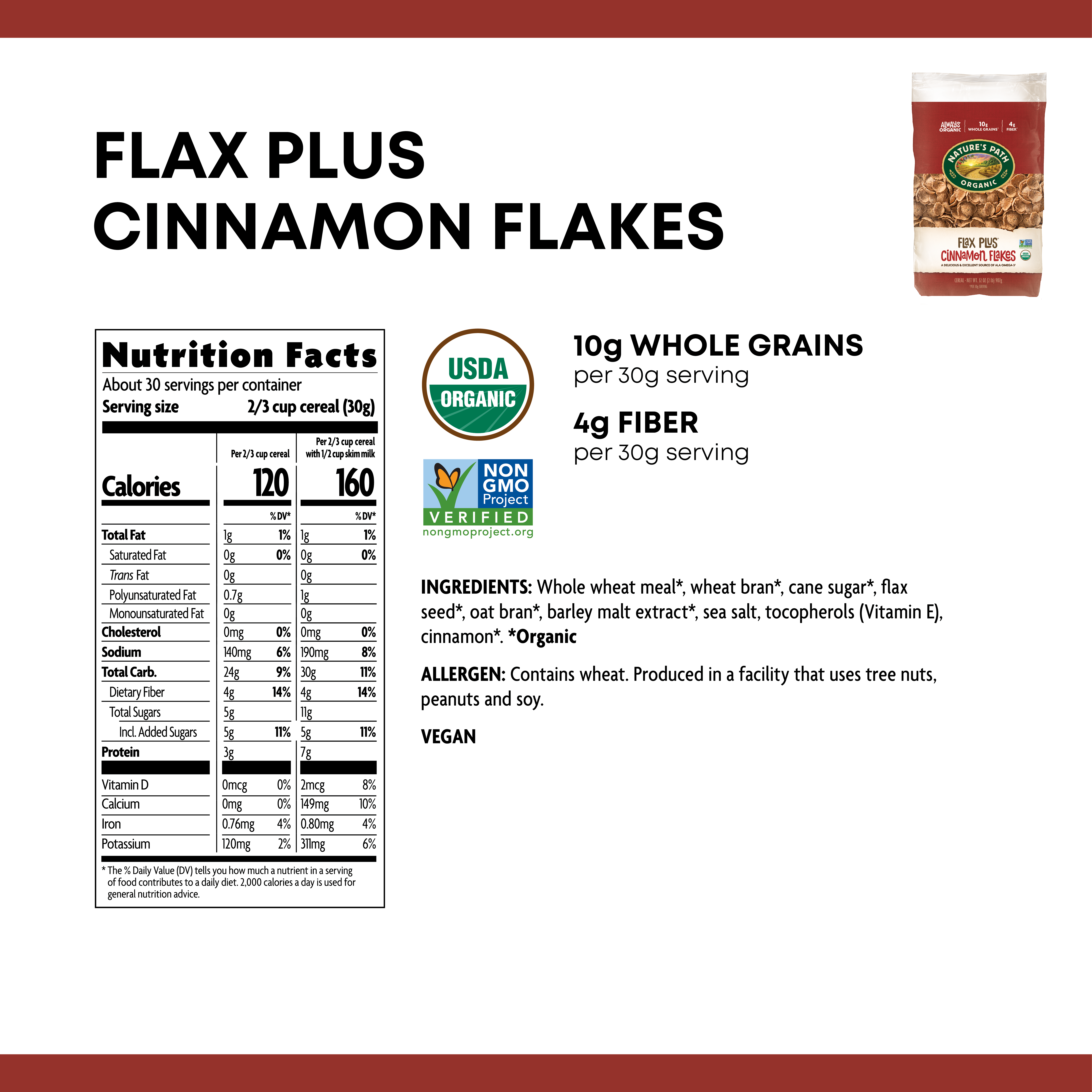 Nature's Path Organic Flax Plus Cinnamon Flakes Wheat Cereal, 32 oz Shelf-Stable Family Size Bag - image 4 of 7