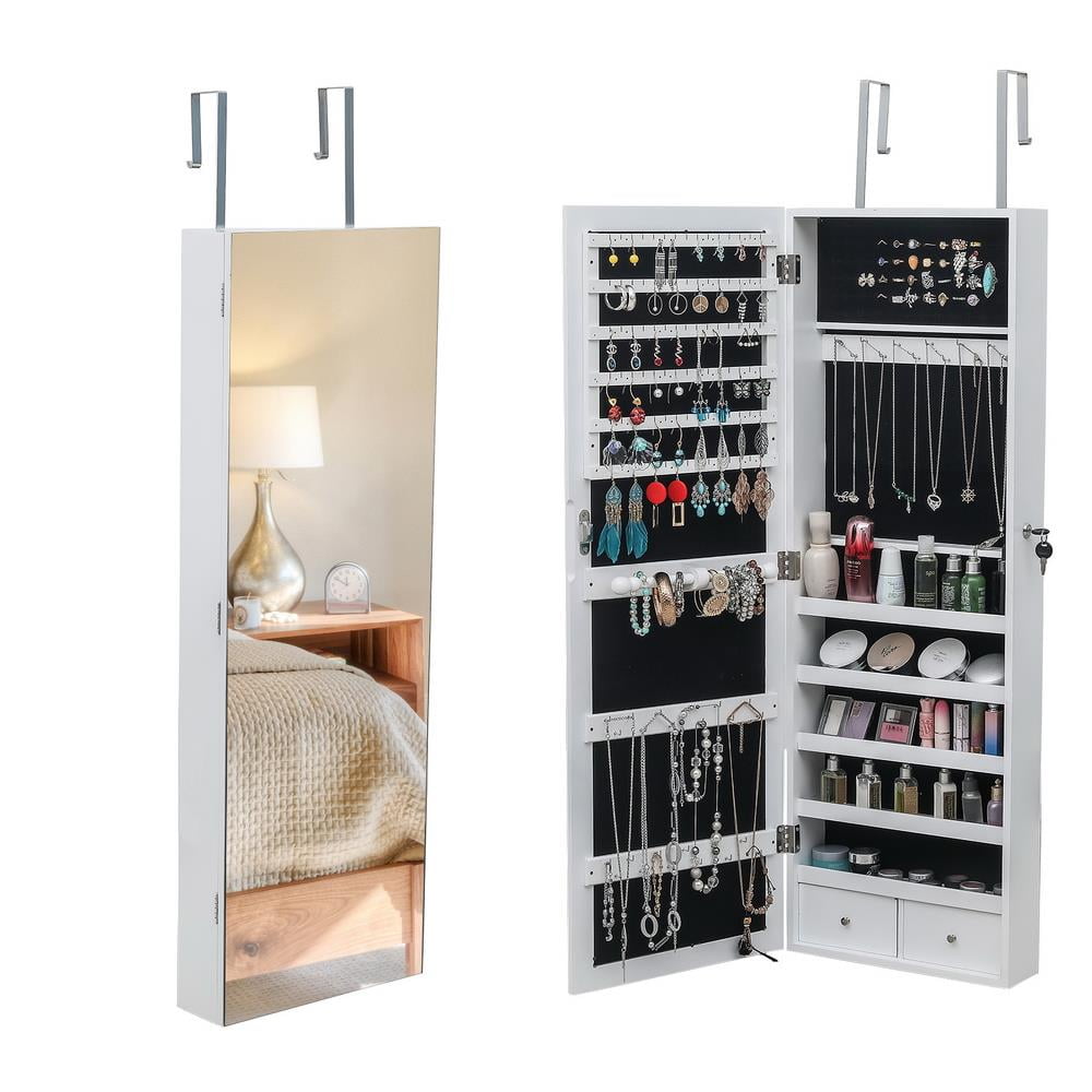 14.5W x 42.5H LVSOMT Jewelry Organizer Cabinet with Full-Length Body Mirror Brown Wall/Door Mounted Jewelry Armoire Large Capacity Lockable Storage Cabinet with 2 Pockets & 4 Shelves Wood