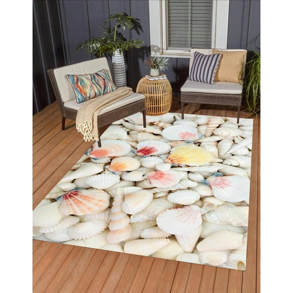 3D Vibrant White Shells Print Waterproof Area Rug For Deck Porch Balcony Machine Washable Non Shedding Outdoor Carpet In Garden Pool Veranda Funky Art Deco Outside Floor Rugs 1x2ft