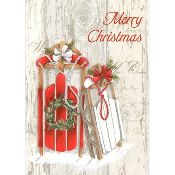 LPG Greetings Red and White Sleds with Bows and Wreath Christmas Card (1 card/1 envelope)