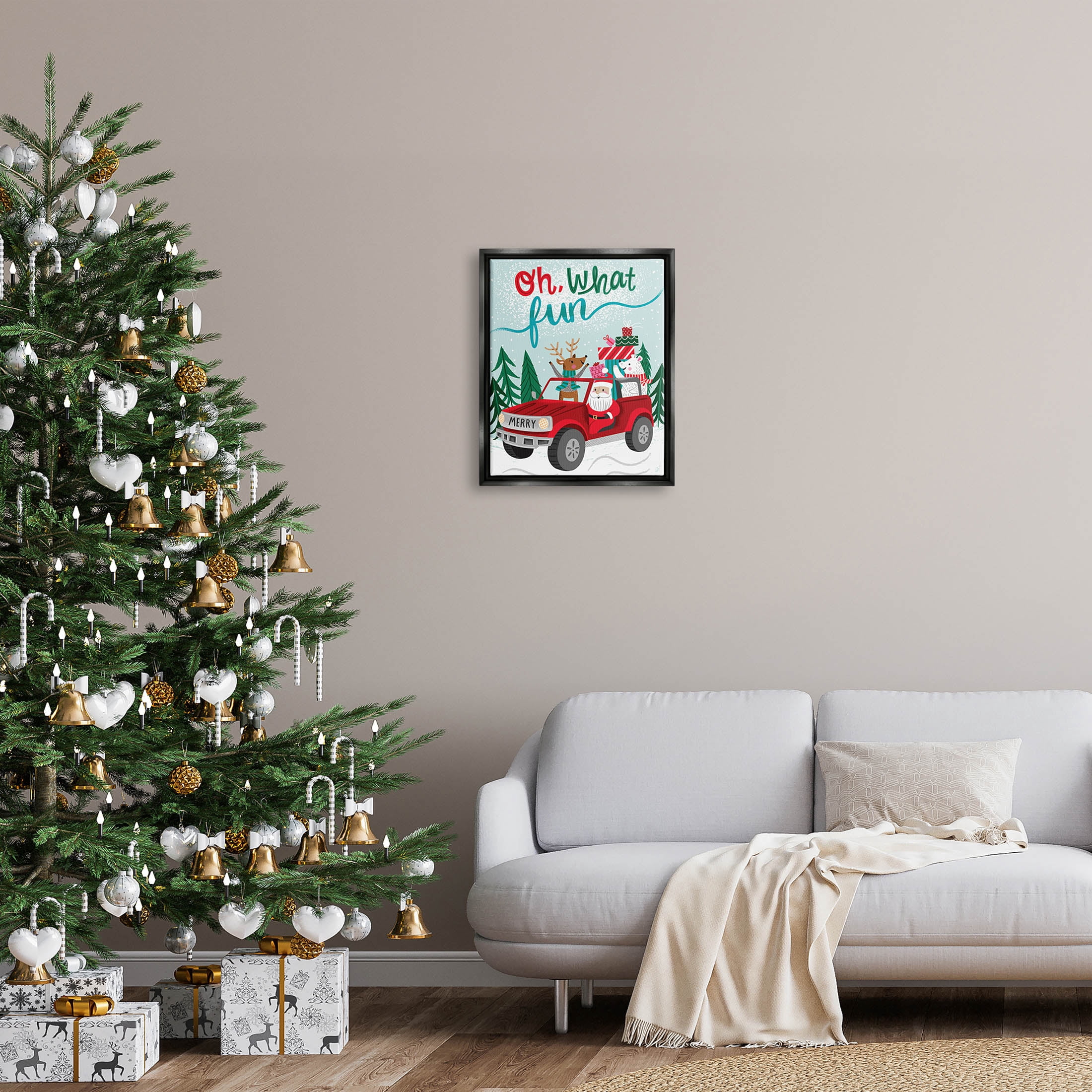 Oh What Fun Santa Driving Gifts Holiday Graphic Art Jet Black Framed Art Print Wall Art