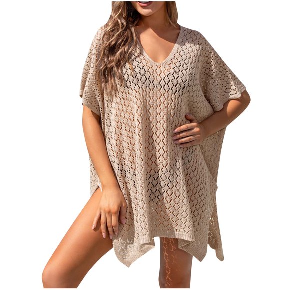 Plebaso Beach Cover up for Women Crochet Swimsuit Coverup Short Sleeve Loose Side Split Beach Mini Dress