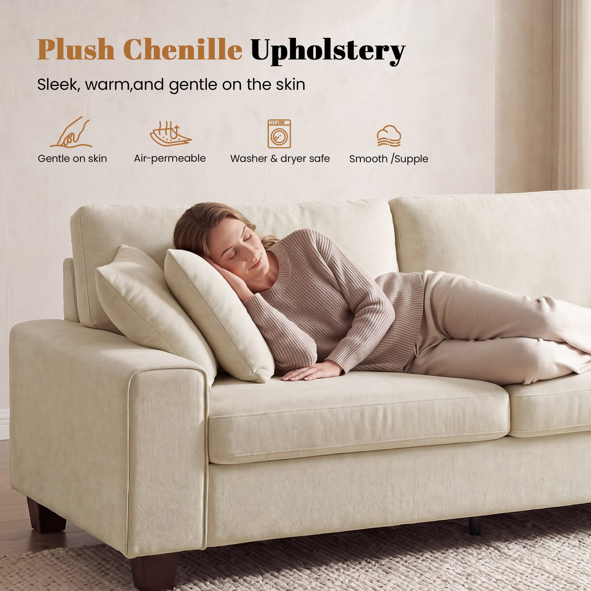 Poshby 88.58''W 3 Seater Sofa Couch with Chenille, Modern Square Arm for Living Room, Beige