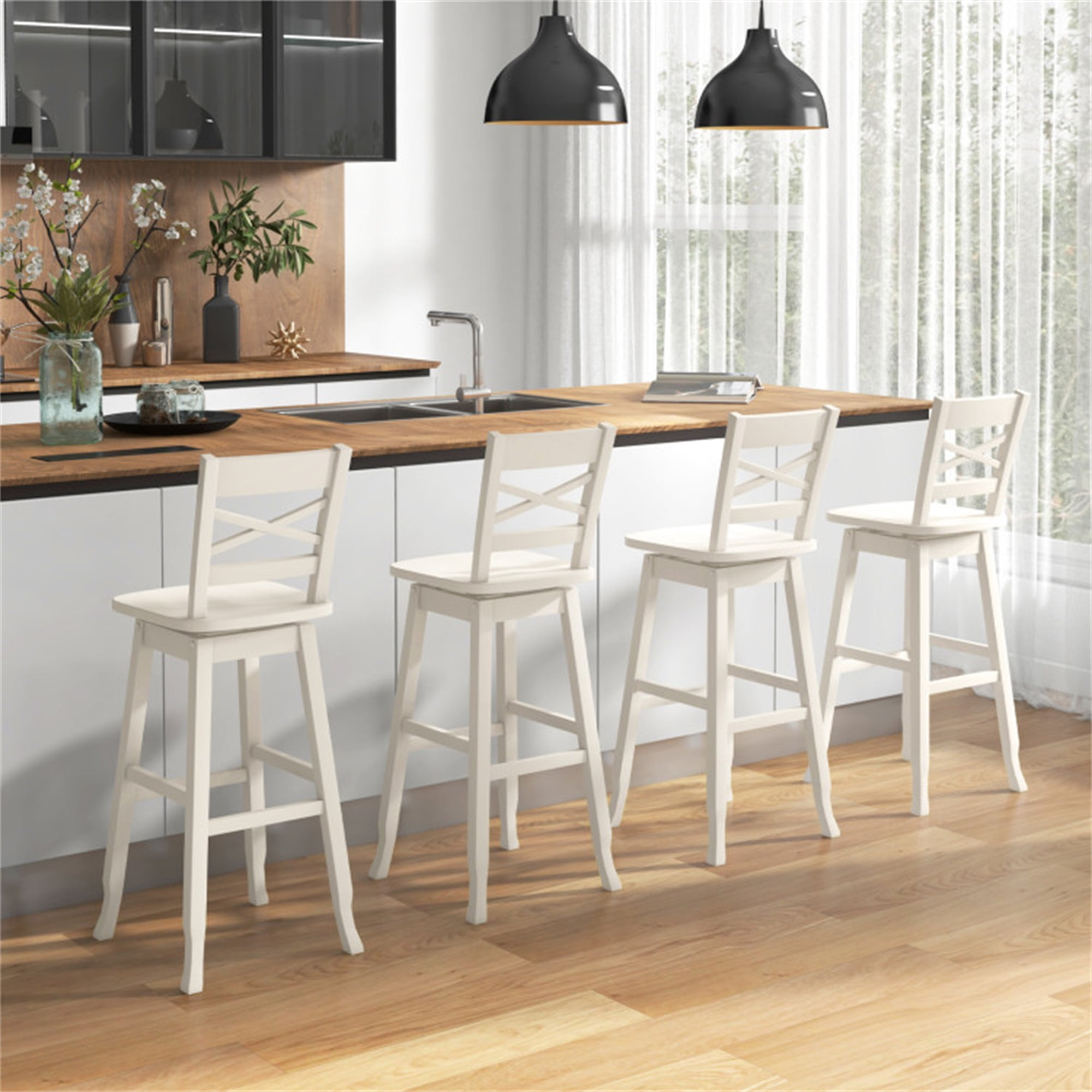 Demi Bonn Set of 2 Swivel Counter 30" Height Bar Stool withclined Backrest, Modern Kitchen Dining Chair, White