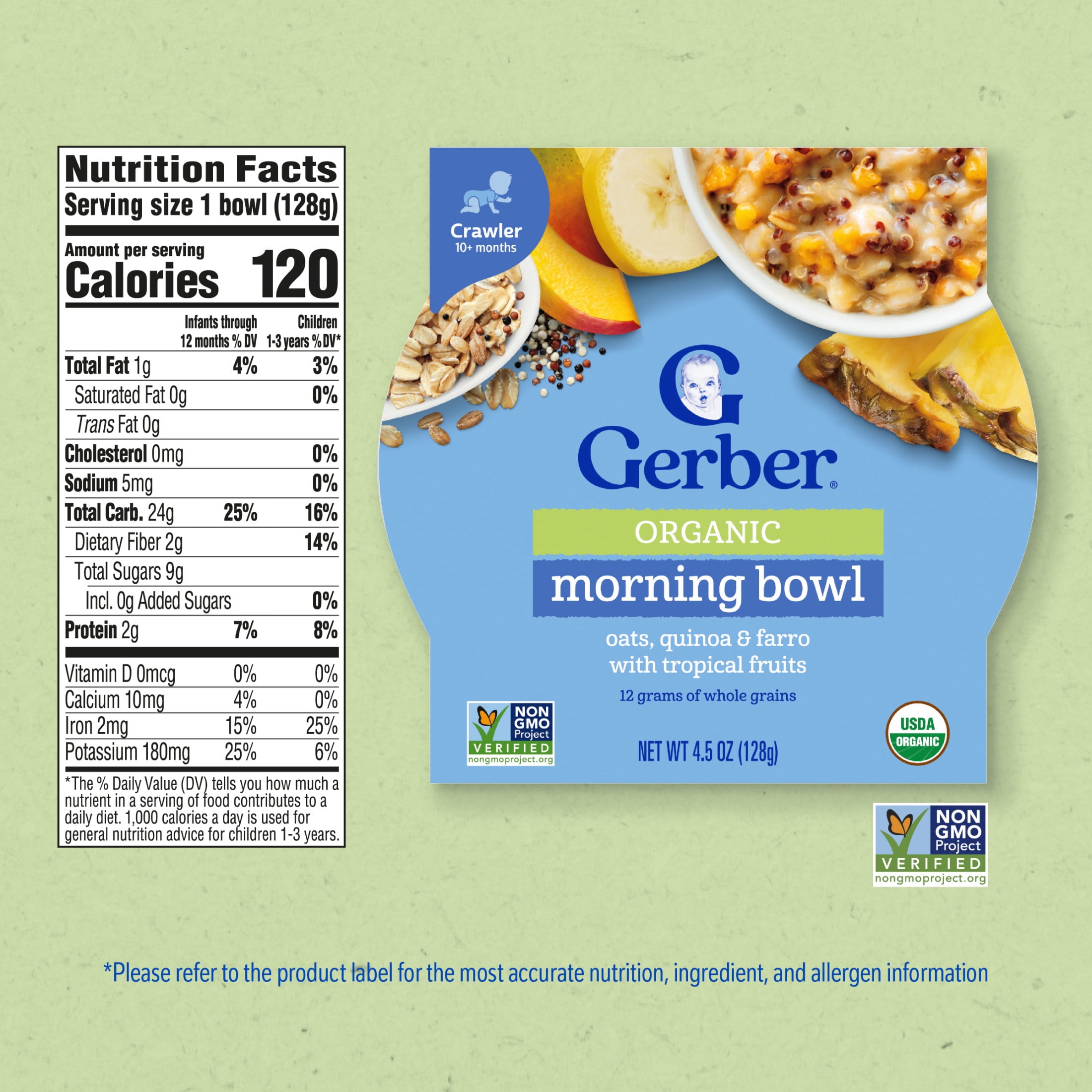 (4 pack) Gerber Organic Grain & Grow Morning Bowl Baby Oatmeal, Tropical Fruits, 4.5 oz Tray