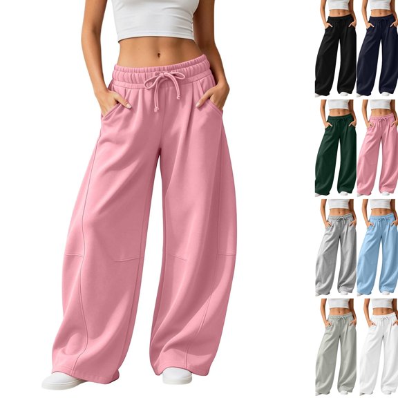 Barrel Sweatpants Women Wide Leg Baggy Lounge Casual Y2K Elastic Waisted Lounge Track Travel Pants with Pockets Pink M
