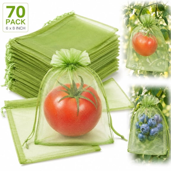 70-Pack 6x8 Inch Garden Mesh Bags - Breathable Fruit Protection Covers with Drawstring for Tomatoes, Blueberries, Peppers - Reusable Pest Barrier Bags for Plants, Organic Gardening (Green)