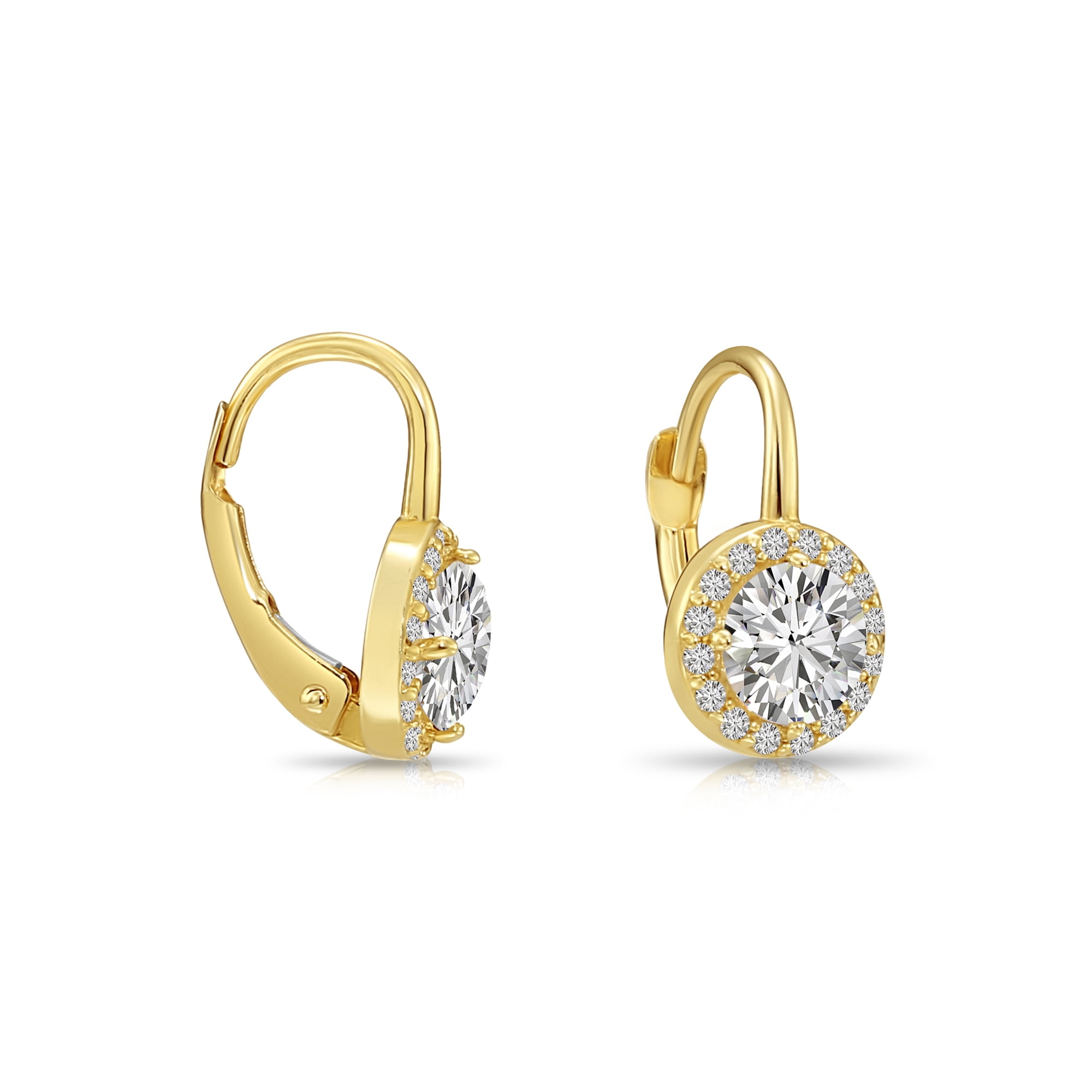 Tilo Jewelry 14K Yellow Gold Round Halo Drop Earrings with Cubic Zirconia CZ Stones | Secure Leaver-Backs | Fancy Earrings for Women & Unisex