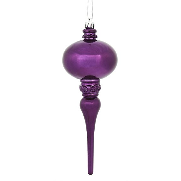 Vickerman 8" x 2.75" Plum Shiny Finial Ornament, with drilled and wired caps. Comes 3 per Bag.