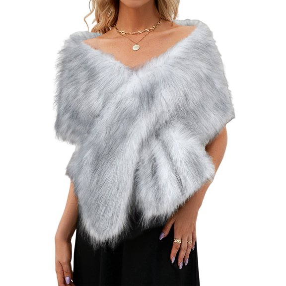 Women'S Faux Fur Shawl Wrap Cape Artificial Wool Gray Fur One Size
