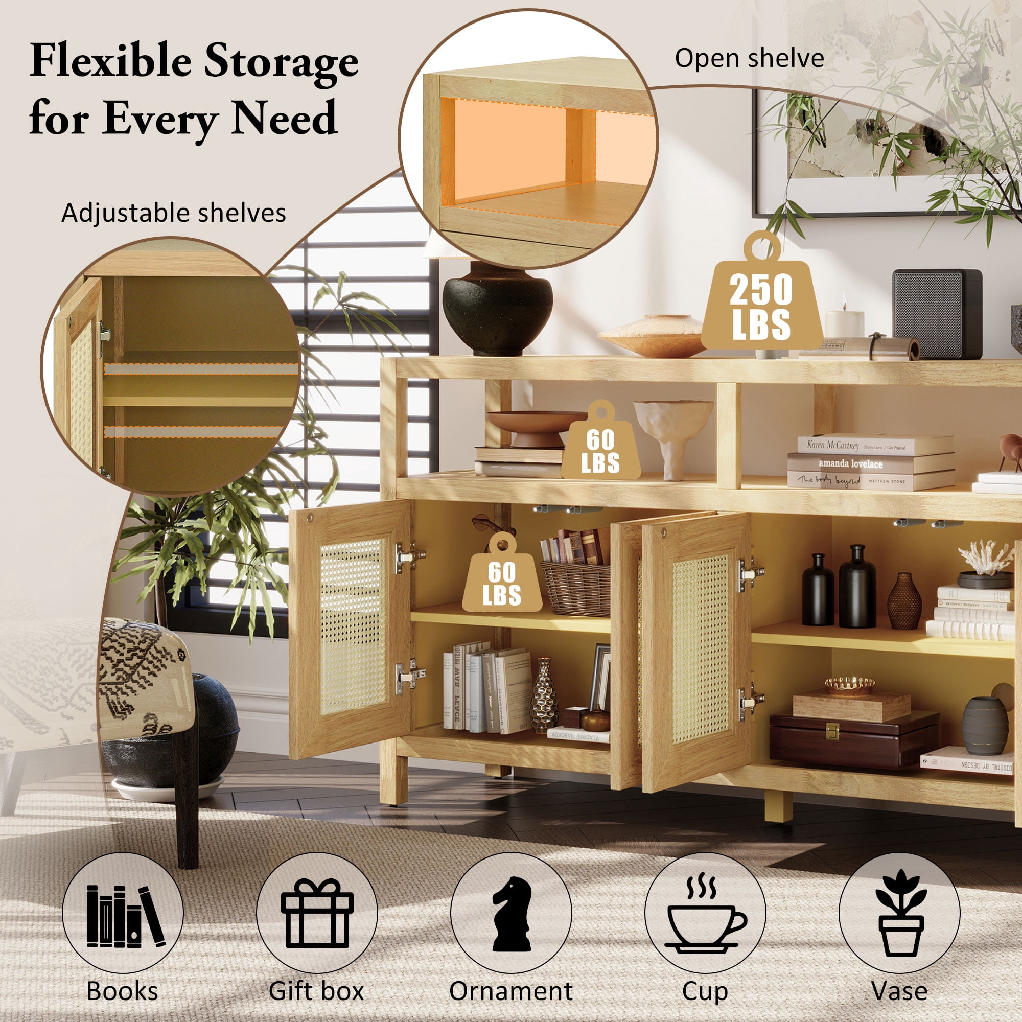 Aukfa Rattan Buffet Storage Cabinet,TV Cabinet for Living Dining Rooms,Bohemian Style,Natural