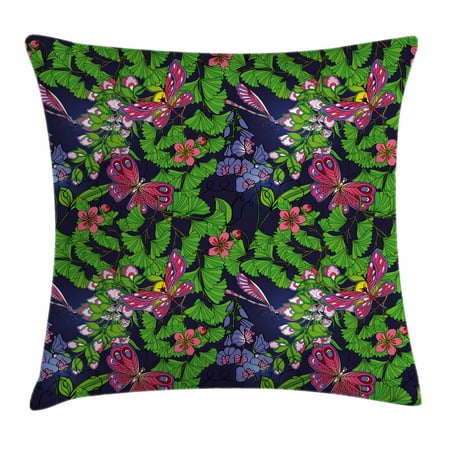 - Flower Throw Pillow Cushion Cover, Tropical Vivid Petal Leaf Butterfly Dragonfly Forest Artwork, Decorative Square Accent Pillow Case, 16 X 16 Inches, Navy Blue Fern Green Pink Purple, by Ambesonne