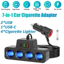 Ryhampaper 7-in-1 4 Way Car Cigarette Lighter Socket Splitter Fast Charger Power Adapter 12V Black