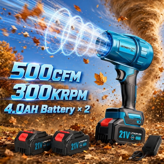 500 CFM Cordless Leaf Blower for Lawn Care 300K RPM Battery Leaf Blower Leaf Blower with 2 x 4.0Ah Battery, Charger, Stepless Speed Adjustment,No Tube